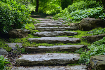 Stone steps ascend through a lush, green garden pathway, creating a tranquil and serene atmosphere.