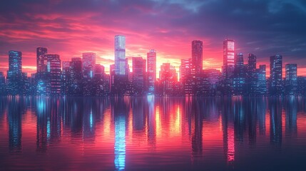 Fototapeta premium Futuristic cityscape at sunset