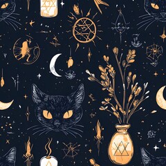 A mystical seamless pattern featu witchy symbols, celestial elements, black cats, and magical plants on a dark background ideal for fabric, wallpapers, and mystical designs.