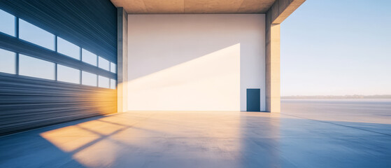Bright and spacious empty warehouse interior with natural light streaming in from the windows