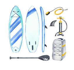 watercolor set of blue inflatable stand up paddle board and equipment, paddleboard's backpack, black paddles, pump, life belt, keel, hand drawn illustration of SUP, sketch of summer vacation on water