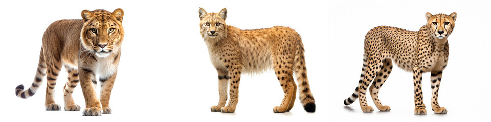 Obraz premium Feline Trio: A striking collection of majestic felines – a cougar, a bobcat, and a cheetah – showcasing their unique appearances, offering a glimpse into the diverse beauty of wild cats.