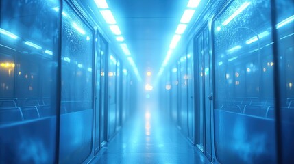 Futuristic train corridor at night