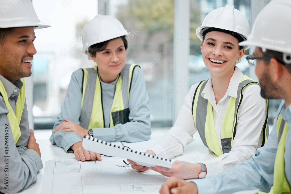 Poster happy contractor, meeting and team with documents for architecture, building or planning constructio
