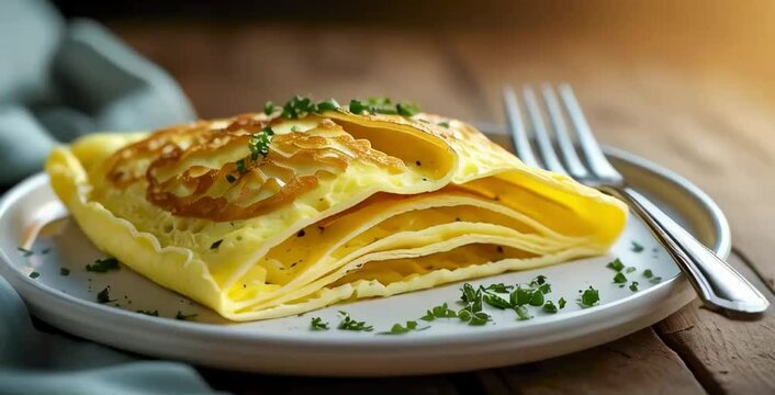 a classic French omelette, cooked to perfection and folded into a neat, rectangular shape. The omelette is garnished with fresh herbs, such as chives or parsley, and is served on a white plate