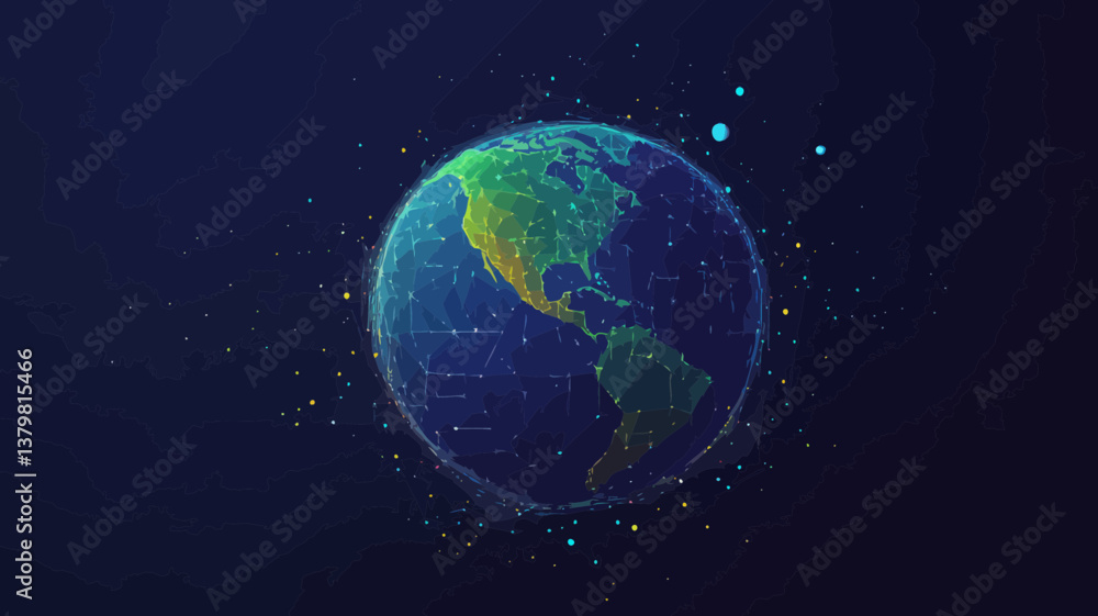 Poster low poly 3d earth globe with connected dots and lines, polygonal planet in outer space, minimalist s