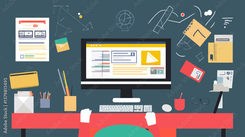 Poster flat style web design and development workspace with monitor, desk, tools and icons for graphic, ui,