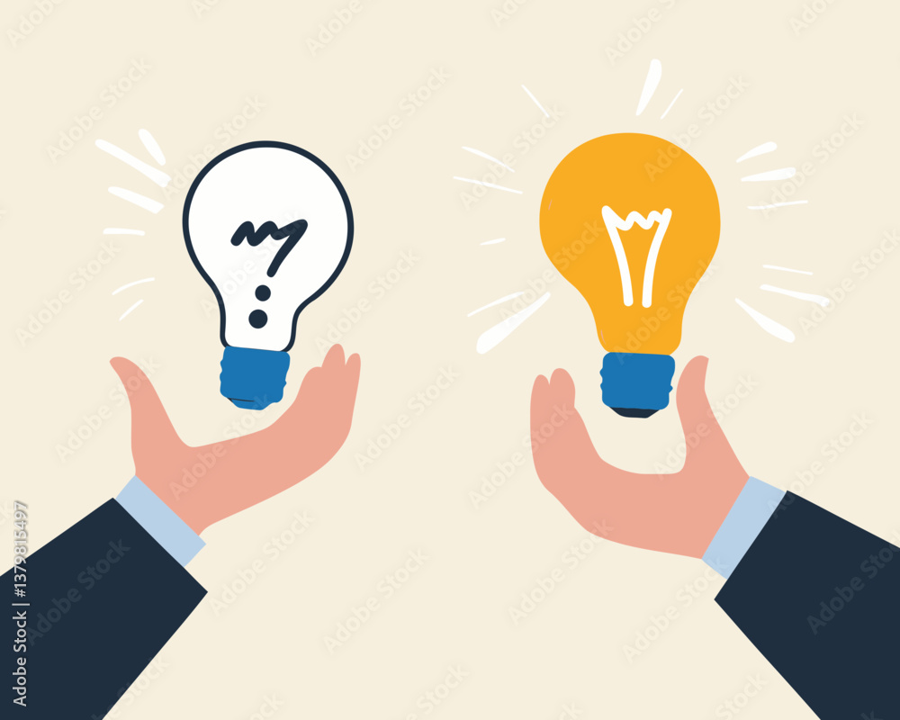Poster business problem and solution concept illustration - question mark and idea light bulb in businessma