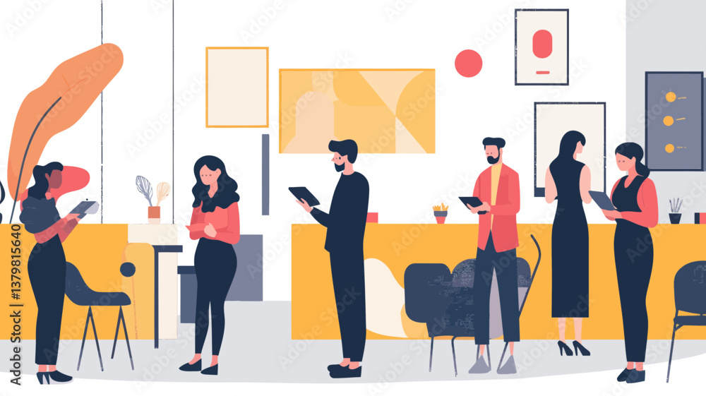 Poster modern office event with professionals networking and using digital devices in contemporary workspac