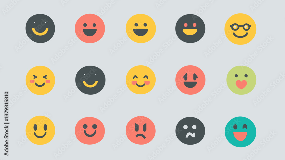 Poster colorful emoji set with various facial expressions for digital communication and design projects vec