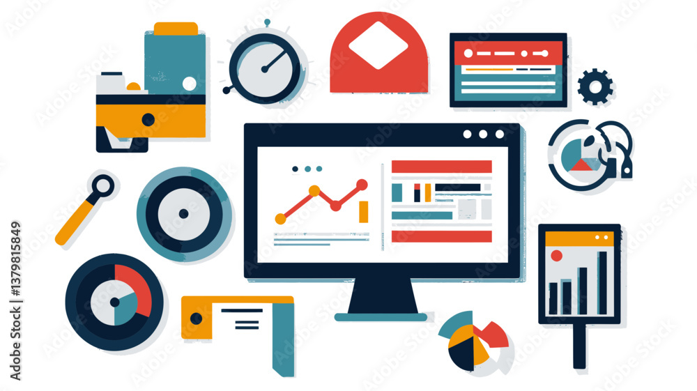 Poster search engine optimization and web analytics vector set with graphs, charts, and digital marketing i
