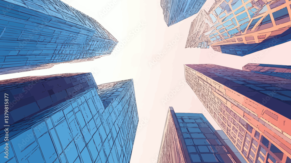 Poster minimalist abstract skyscrapers low angle view in flat svg vector style capturing modern urban archi