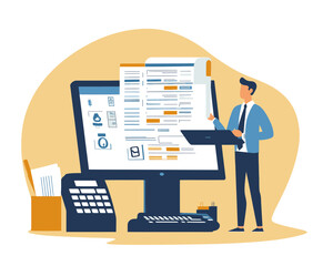 Businessman using online payroll system for salary calculations office accounting and employee wage management in flat minimalist SVG vector