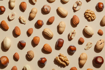 Nuts arranged in beautiful pattern on surface