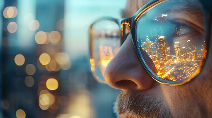 visionary leader gazes into distance, reflecting vibrant cityscape in their glasses, embodying ambition and inspiration