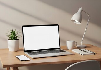 Wooden Desk with Laptop Mockup and Coffee Cup