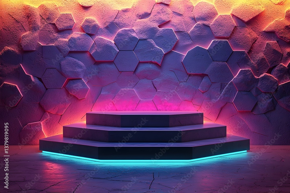 Poster glowing hexagonal podium in vibrant colors against an abstract pattern of triangles and polygons
