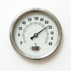 Close-up of a wall-mounted Celsius thermometer showing 20 degrees.