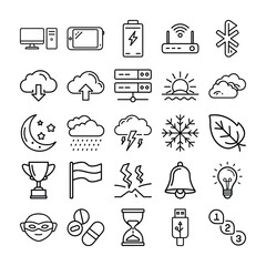 Hand drawn vector icons set with cloud, sun, heart, food and business symbols