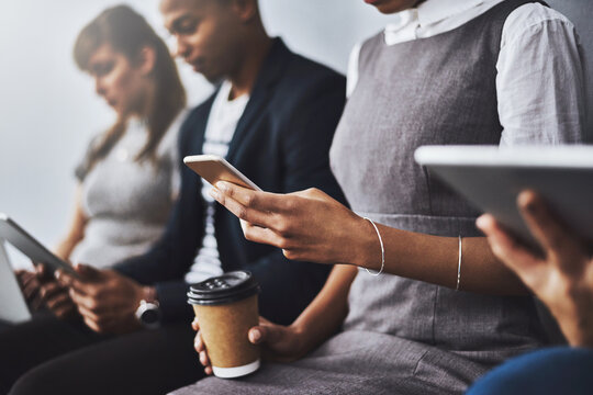 Interview, hands and people with phone, waiting room and review of resume, online or job opportunity. Business, candidate and group with tech for research, corporate and preparing for recruitment