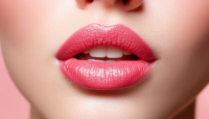 Obraz premium Close-up of a woman's lips adorned with pink lipstick, highlighting beauty and elegance.