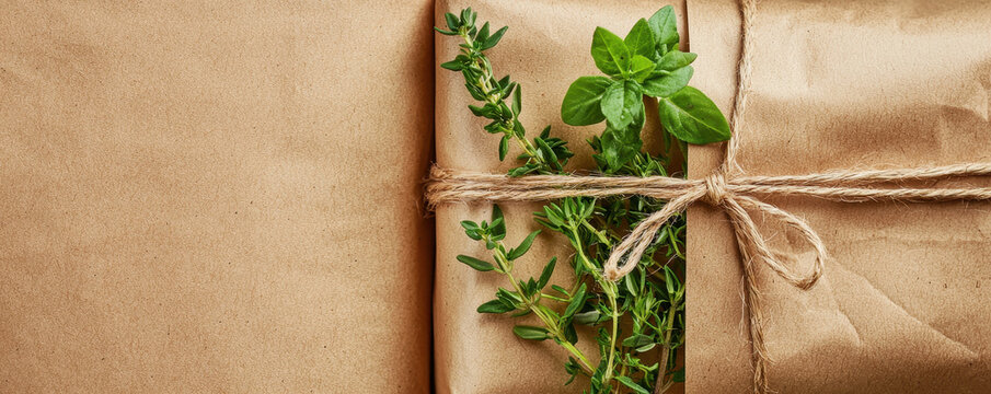 Brown paper package tied with jute twine and fresh herbs