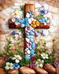 Obraz premium Decorative wooden cross adorned with bright spring flowers and butterflies in a peaceful garden wall