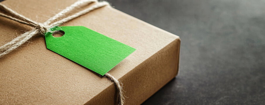 brown paper package tied with string and green tag