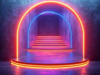 Glowing neon podium in a futuristic event setting