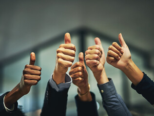 Thumbs up, team and business people closeup for vote, yes or agreement for goal in office. Group,...