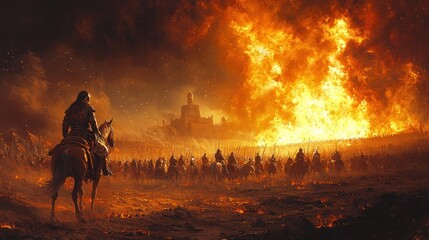 Epic battle scene, raging inferno