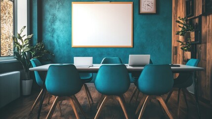 Fototapeta premium A modern corporate meeting room featuring branding materials, a whiteboard, and a sleek business setup.