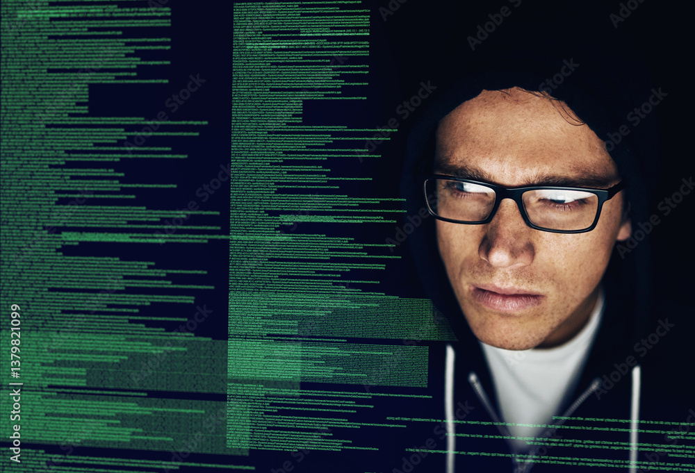 Poster hacker, coding and man in night with system, hologram and information technology, criminal and typin