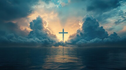 Radiant cross breaking through heavenly clouds above calm ocean reflecting divine light and serenity

