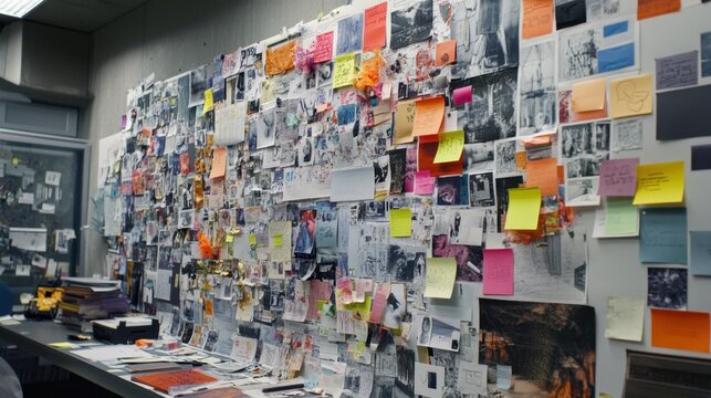 A modern workspace with a vision board covered in marketing strategy notes, graphs, and branding ideas.