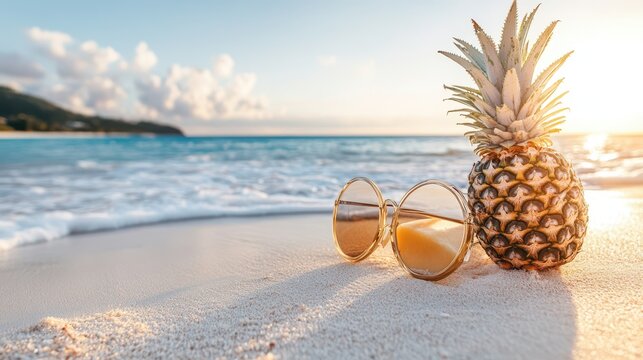 A pineapple wearing sunglasses rests on the beach beside the water.