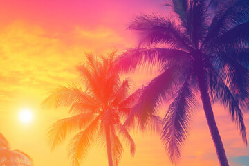 Vibrant tropical sunset with palm tree silhouettes, warm golden and pink hues
