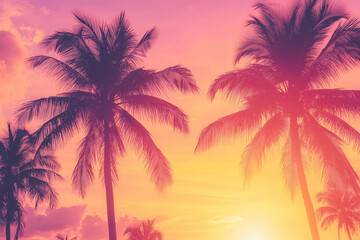 Vibrant tropical sunset with palm tree silhouettes, warm golden and pink hues
