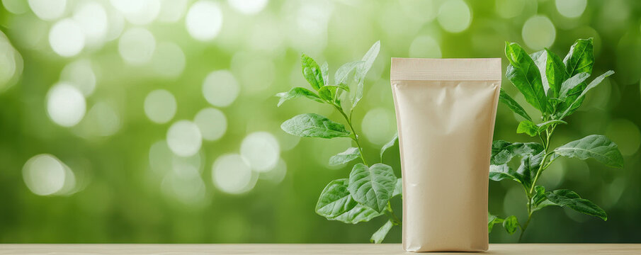 Eco friendly detergent in refillable pouch with green leaves background