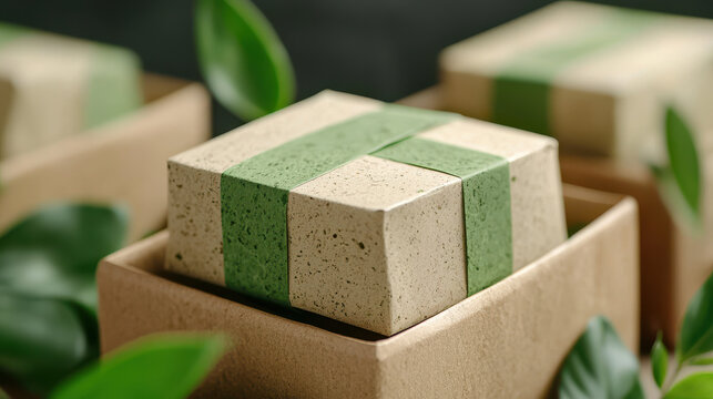 Eco friendly packaging with green accents surrounded by leaves