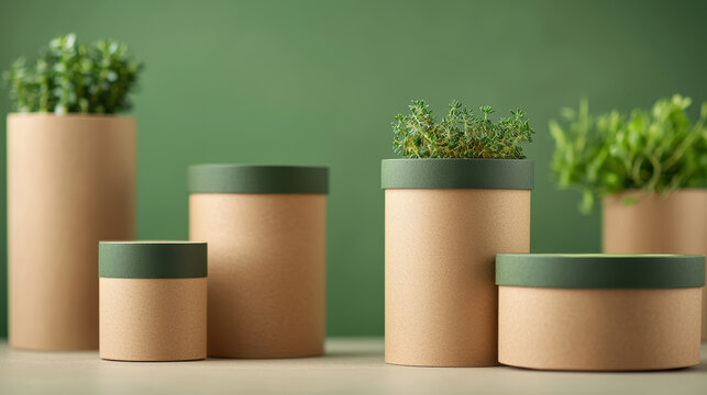 Eco friendly packaging with plants on green background
