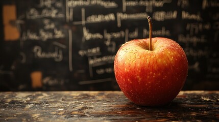 Red apple on a wooden surface, against a chalkboard background