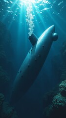 Fototapeta premium Underwater Scene of a Streamlined Torpedo Surrounded by Deep Ocean Water and Rays of Light Filtering from the Surface