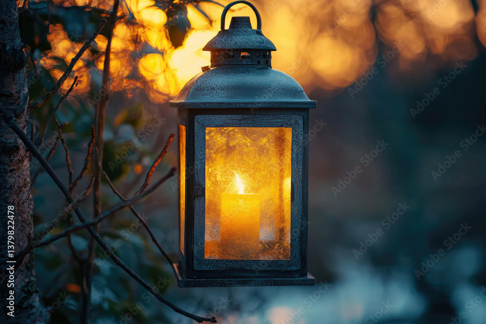 Poster a warm candle glows inside a rustic lantern, hanging on a tree branch at sunset.