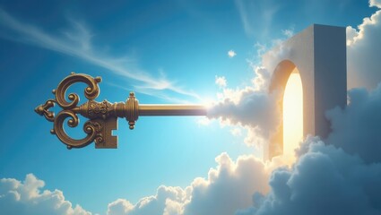 Golden Key Extending to Heavenly Gate Cloudscape Spiritual Concept