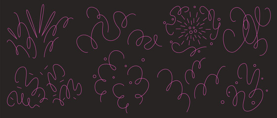 Pink confetti burst set isolated on black background. Vector illustration of hand drawn firework explosion lines, party firecracker sparks, abstract doodles, holiday celebration, anniversary symbol