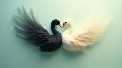 Fototapeta premium Elegant Black and White Swans in a Heart Shape Romantic Bird Couple Soft Feather Texture
