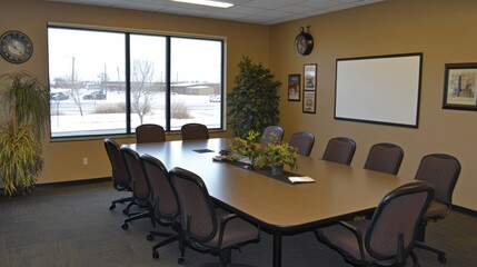 Fototapeta premium A well-lit office boardroom with a large window, whiteboard, and neatly arranged conference materials.