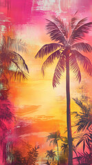 Obraz premium Vibrant tropical sunset with palm tree silhouettes, warm golden and pink hues 