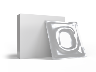 Blank white box with condom packaging mockup 3d glossy plastic design. Sexual protect rubber sachet pack template for presentation ads, sex protection brand. Safe love, no aids concept.